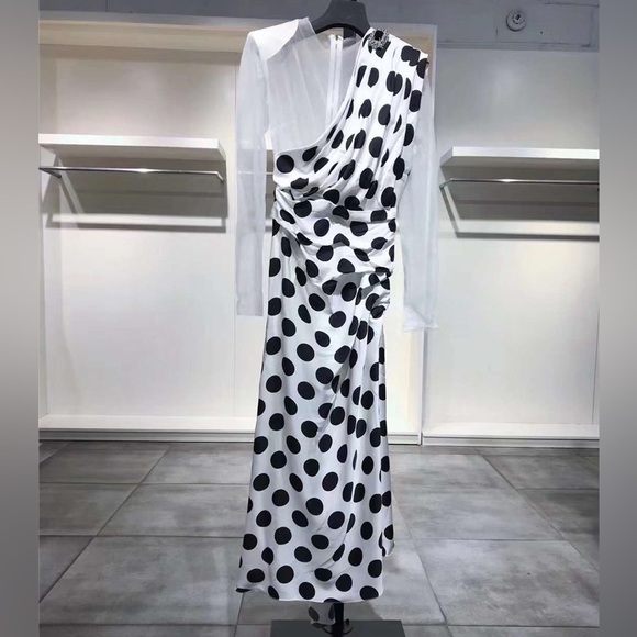 US 2 DOLCE & GABBANA RUCHED POLKA DOT CHIFFON SLEEVE MIDI DRESS NWT - Picture 5 of 14